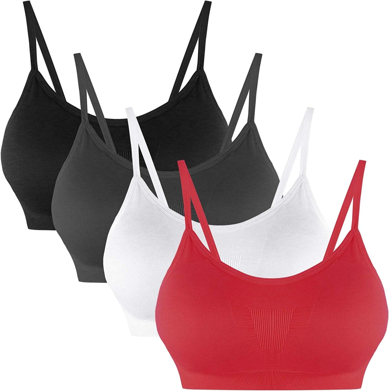 B.BANG Padded Bralettes for Women Seamless Strappy Sports Bra Comfortable Mini Yoga Camisole Bras Black+white+grey+red / X-Large