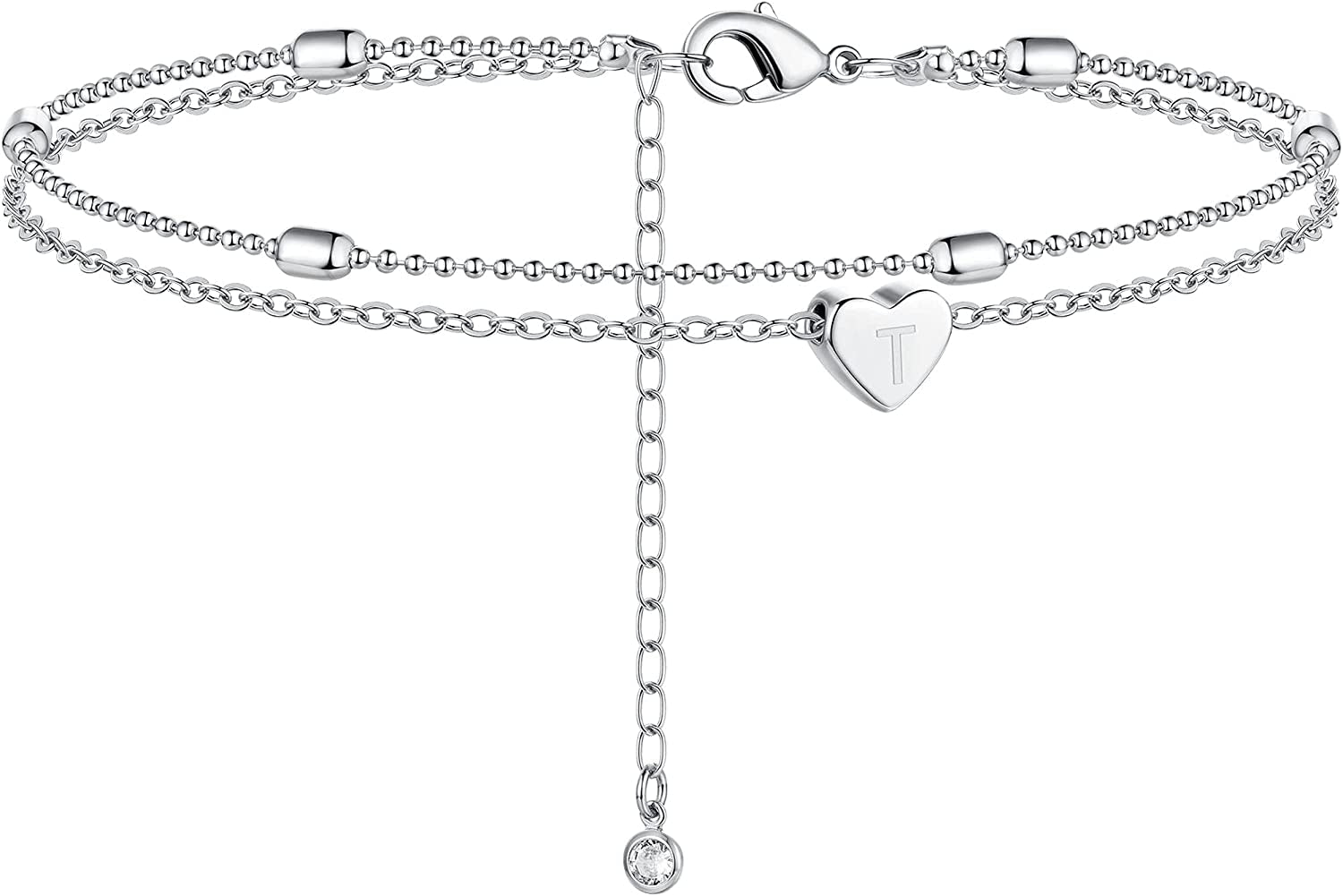 Moodear Silver Ankle Bracelets for Women, Sterling Silver Initial Anklet Layered Dainty Tiny Heart Charm Handmade Carved Alphabet A-Z Letter Ankle Bracelet Beaded Foot Chain Personalized Name Anklets Summer Cute Boho Beach Gift for Her Apparel & Accessories > Jewelry > Anklets Moodear Sterling Silver-T