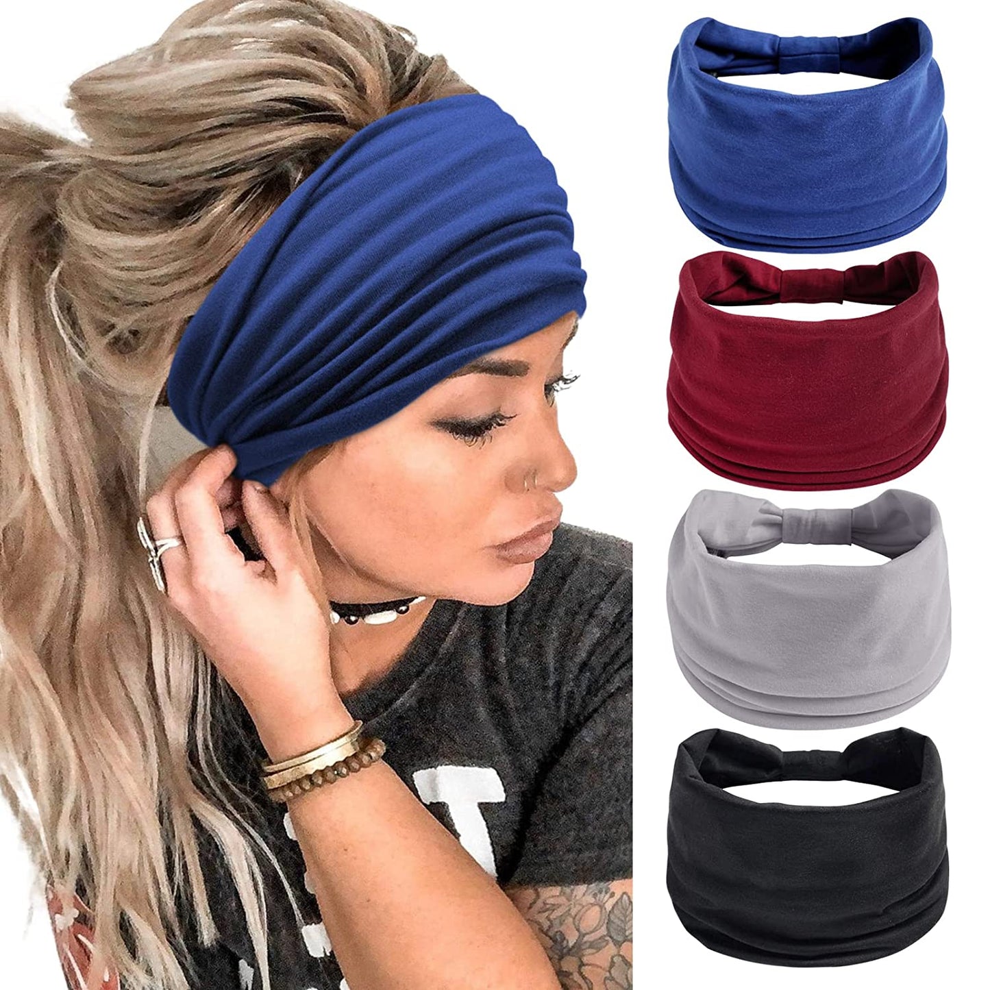 Wide Headbands for Women Black Stylish Head Wraps Boho Thick Hairbands Large African Sport Yoga Turban Headband Hair Accessories (Pack of 4) Apparel & Accessories > Clothing Accessories > Bandanas & Headties Huachi Headbands 4