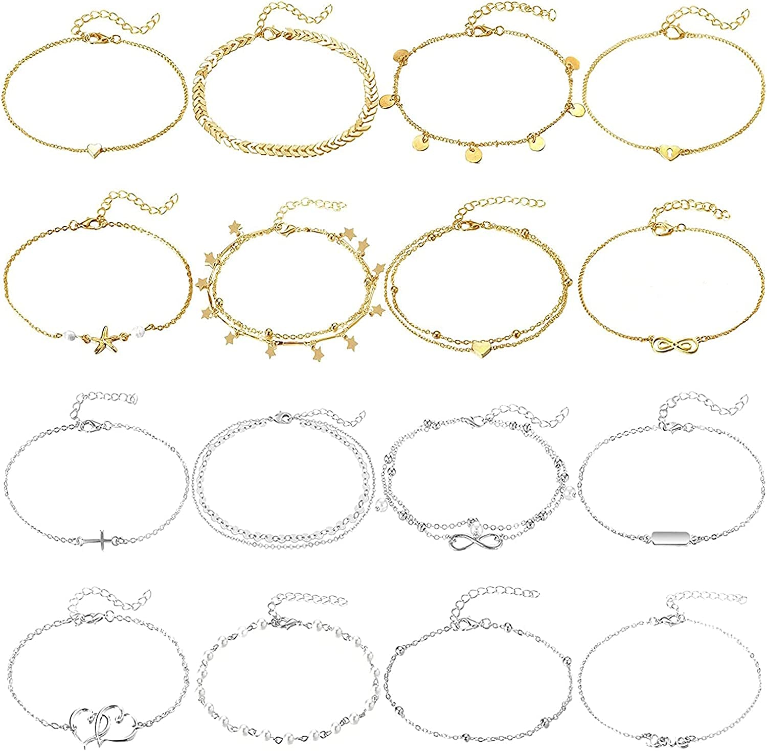 FUNEIA 12/16Pcs Anklets for Women Silver Gold Ankle Bracelets Set Boho Layered Beach Adjustable Chain Anklet Foot Jewelry Apparel & Accessories > Jewelry > Anklets Anlsen H:8pcs silver+8pcs gold