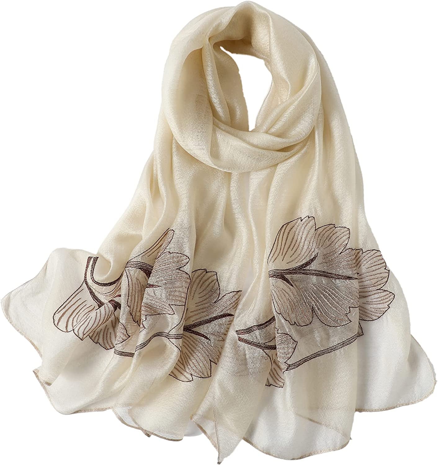 WINCESS.YU Silk Scarf for Women Lightweight Shawls and Wraps for Weddings Fashion Pashmina Shawl Embroidered Scarves Apparel & Accessories > Clothing Accessories > Scarves & Shawls WINCESS.YU Leaf Embroidery White