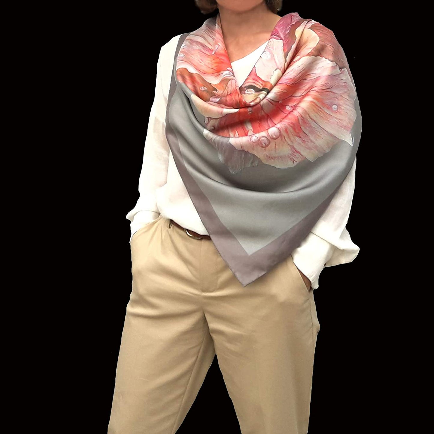 Designer Square Silk Scarf for Women Hand Painted and Printed Grey Shawl with Pink Rose Unique by Edgalart Apparel & Accessories > Clothing Accessories > Scarves & Shawls Generic