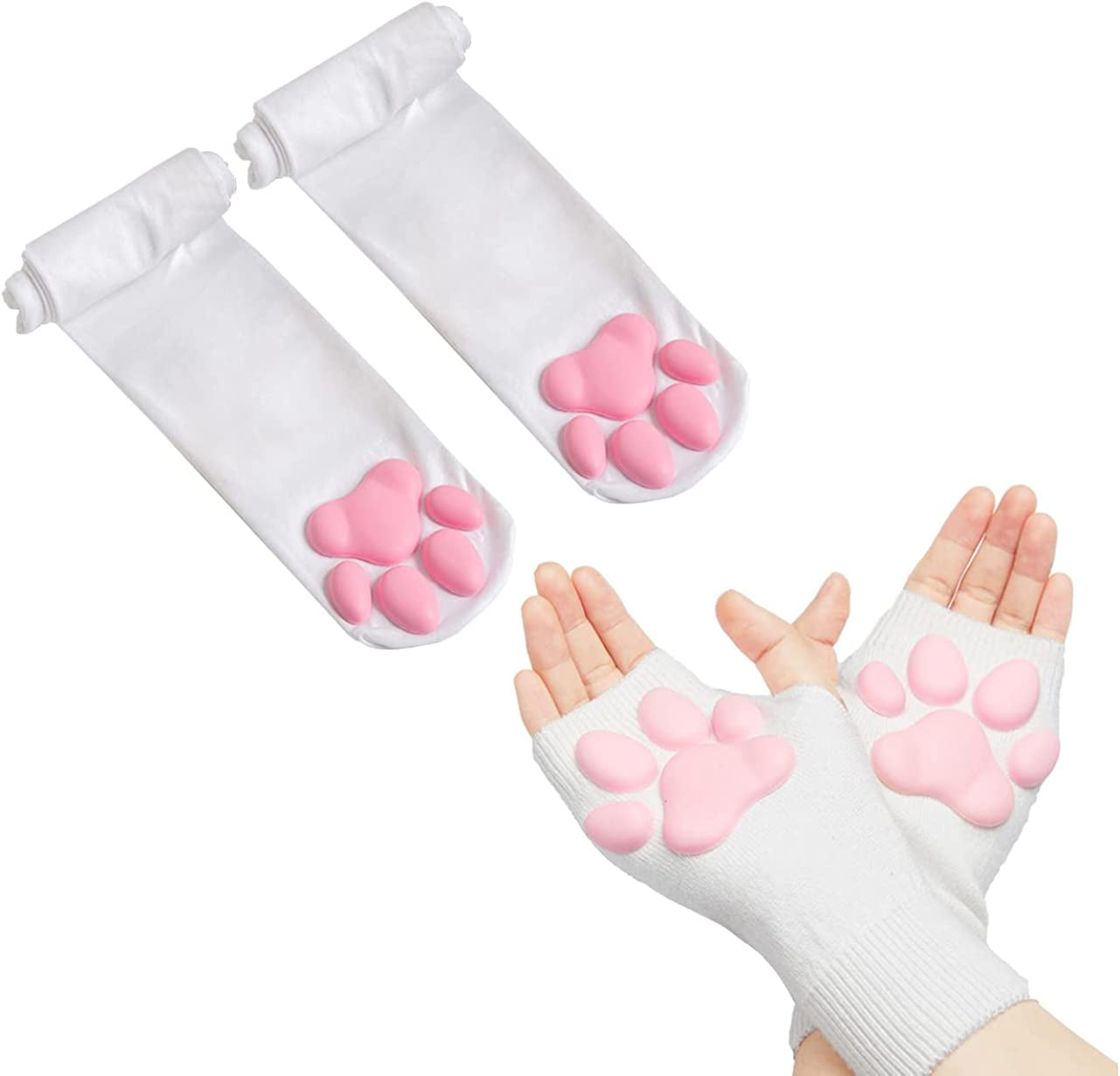 Cute Cat Paw Mittens Gloves, Kawaii Cat Cosplay Kawaii Soft 3D Toes Beans Fingerless Cat Claw Paws Pad Sleeve Apparel & Accessories > Clothing Accessories > Gloves & Mittens HOMEGYMFREE White Socks+short Gloves