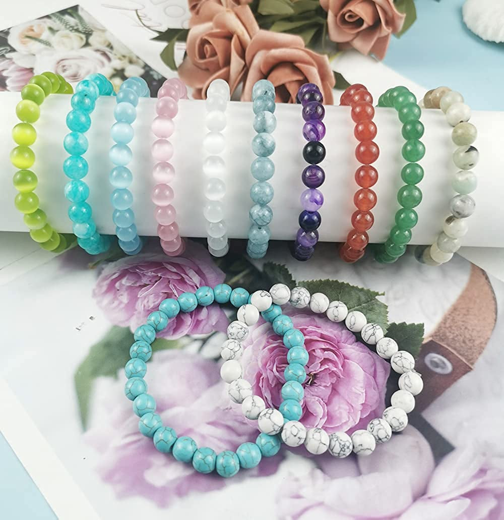 FINZOR 12 Pcs 8Mm Gemstones Beaded Bracelets for Women Men Stone Bead Healing Stretch round Bead Crystal Semi-Precious Bracelets Unisex Apparel & Accessories > Jewelry > Bracelets FINZOR
