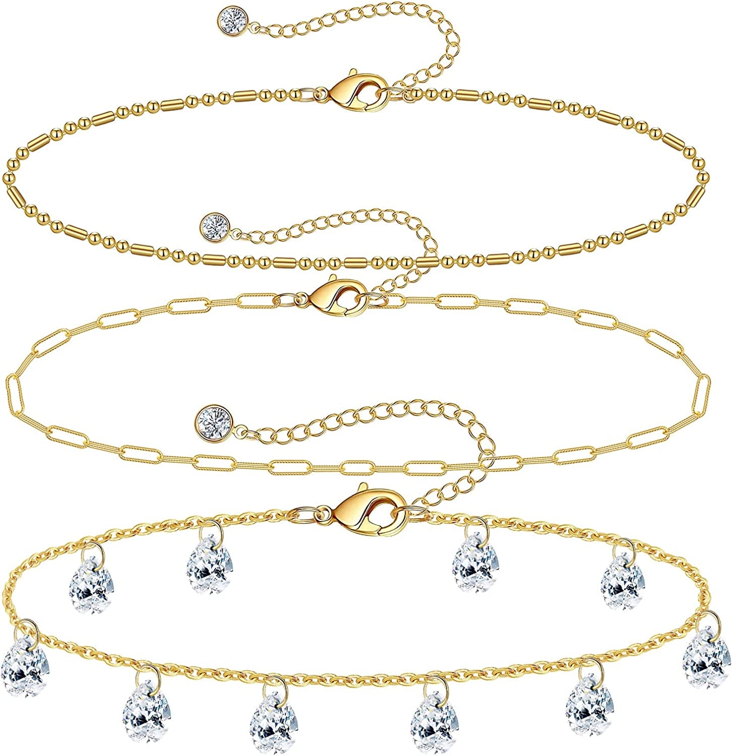 Gold Ankle Bracelets for Women 14K Gold Plated Anklet Silver Tennis Rose Quartz Cross Bead Herringbone Snake Paperclip Chain Cubic Zirconia Dainty Layered Anklet Set 3Pcs Apparel & Accessories > Jewelry > Anklets WeSparking G-Yellow Gold-TD CZ