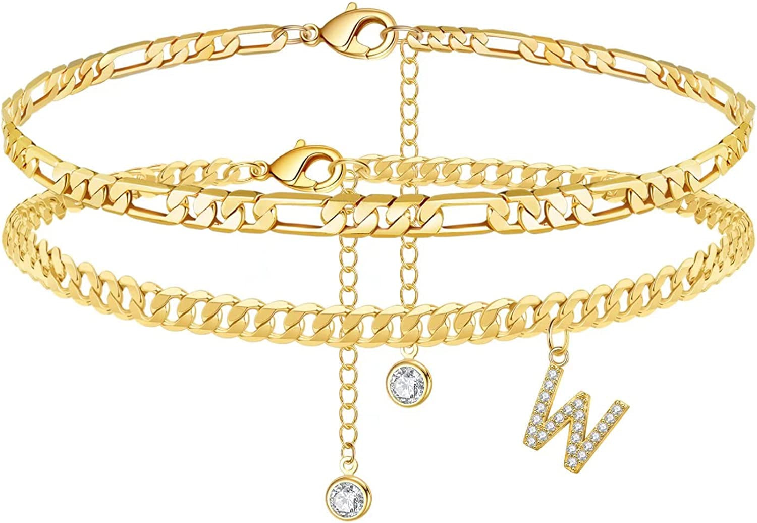 Initial Ankle Bracelets for Women, 14K Gold Plated Layered Initial Cubic Zirconia Ankle Bracelets Dainty Beach Letter Initial Anklet A-Z Gold Anklets for Women Teen Girls Foot Jewelry Gifts Apparel & Accessories > Jewelry > Anklets IEFSHINY W
