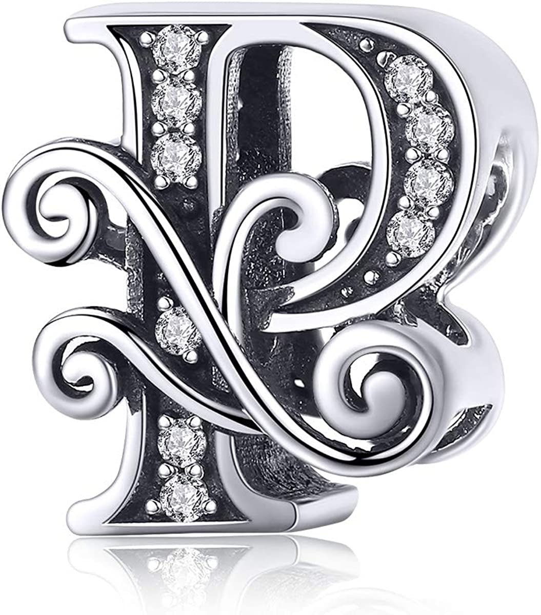 Solid 925 Sterling Silver with Cubic Stones, Complete A~Z Gift Options Alphabet Charm Letter Beads Fit Pandora European Bracelets Apparel & Accessories > Jewelry > Bracelets ABAOLALA ALPHABET P