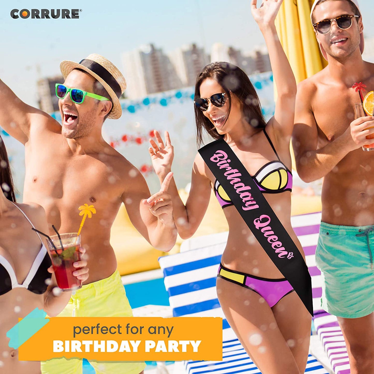 CORRURE 'Birthday Queen' Sash with Pink Foil - Soft Satin Black Sash for Women - Happy Birthday Sash for Girls, Sweet 16, 18Th 21St 25Th 30Th 40Th 50Th or Any Other Bday Party Apparel & Accessories > Clothing Accessories > Sashes CORRURE