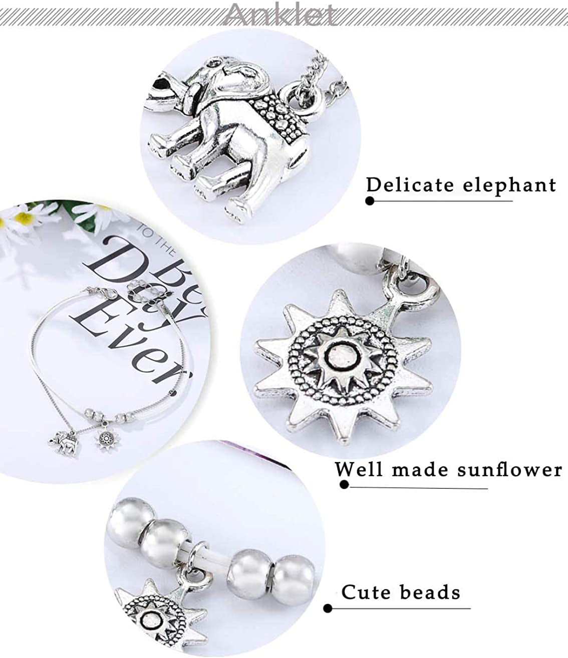 Jeweky Vintage Layered Ankle Bracelets Sunflower Silver Anklets Chain Elephant Beach Foot Jewelry for Women and Girls Apparel & Accessories > Jewelry > Anklets Jeweky