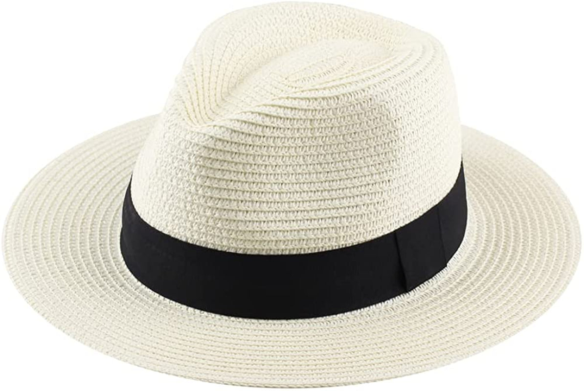 Panama Straw Hats for Women Summer Beach Sun Hat Wide Brim Fedora Cap UPF50+ Apparel & Accessories > Clothing Accessories > Hats KYLIE MAX B02-beige