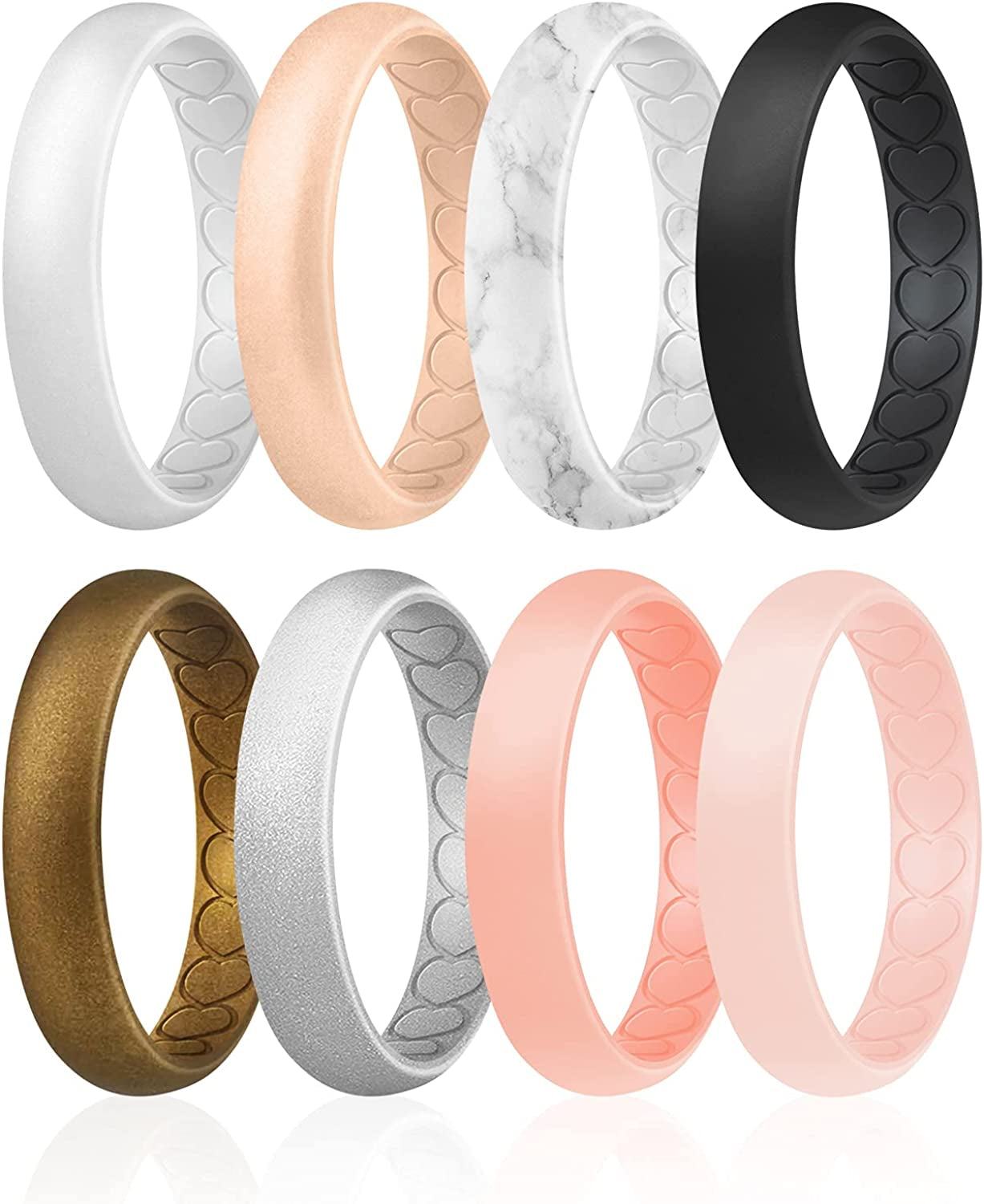 ROQ Silicone Wedding Bands for Women - Breathable Thin Inner Hearts Unique Design Womens Silicone Rubber Ring - Bridal Jewelry Set Anniversary Rings - U.S. Design Patent Pending Apparel & Accessories > Jewelry > Body Jewelry ROQ White, Body color, Marble White with Black, Black, Bronze, Silver, Rose Gold, Light Rose Gold 5 - 5.5 (15.7mm)
