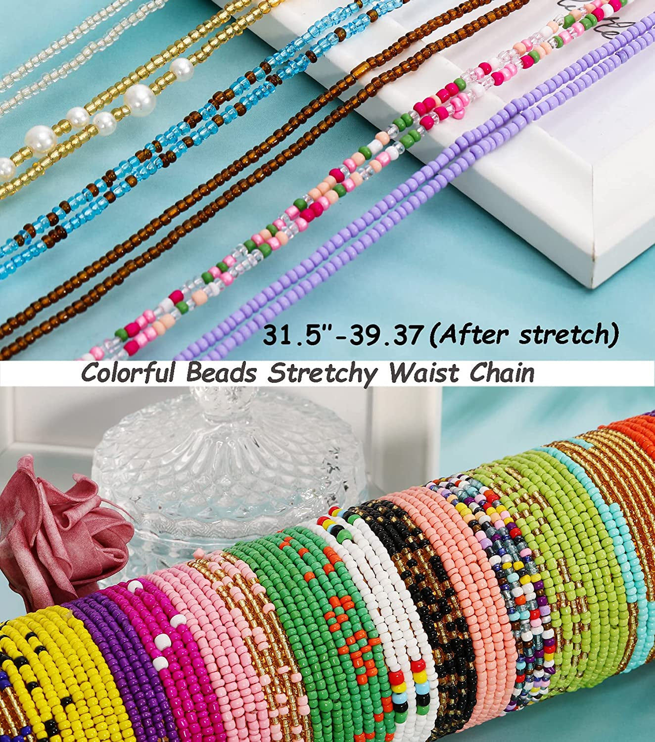 KOHOTA 32PCS Waist Bead for Women Summer Body Chain African Belly Beads Bikini Jewelry Colorful Stretchy Elastic String Chains Apparel & Accessories > Jewelry > Body Jewelry Sunmoon