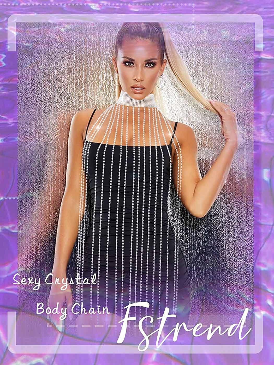 Fstrend Women Rhinestone Choker Long Tassel Necklaces Sparkly Crystal Collar Necklace Fashion Statement Party Festival Body Accessories Jewelry Chain Apparel & Accessories > Jewelry > Necklaces Fstrend