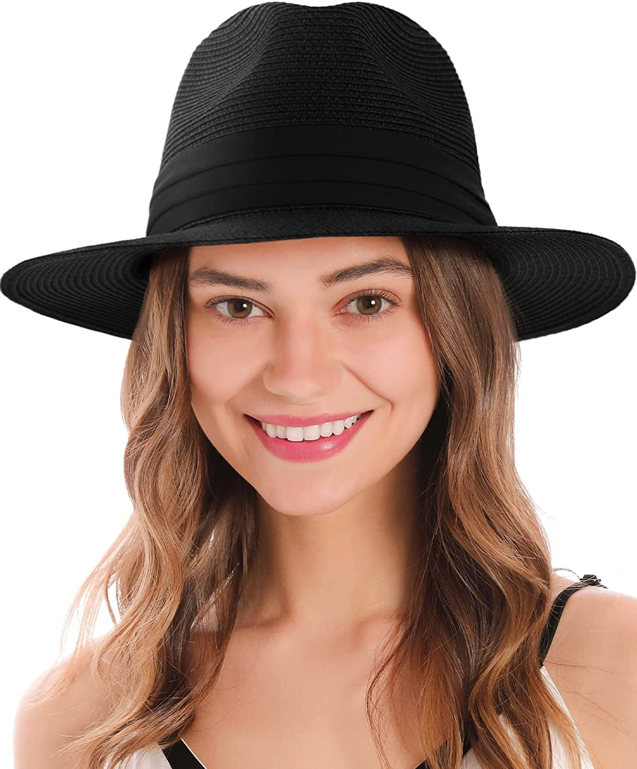 Simplicity Mens Women'S Wide Brim Straw Panama Sun Hat Apparel & Accessories > Clothing Accessories > Hats Simplicity Black