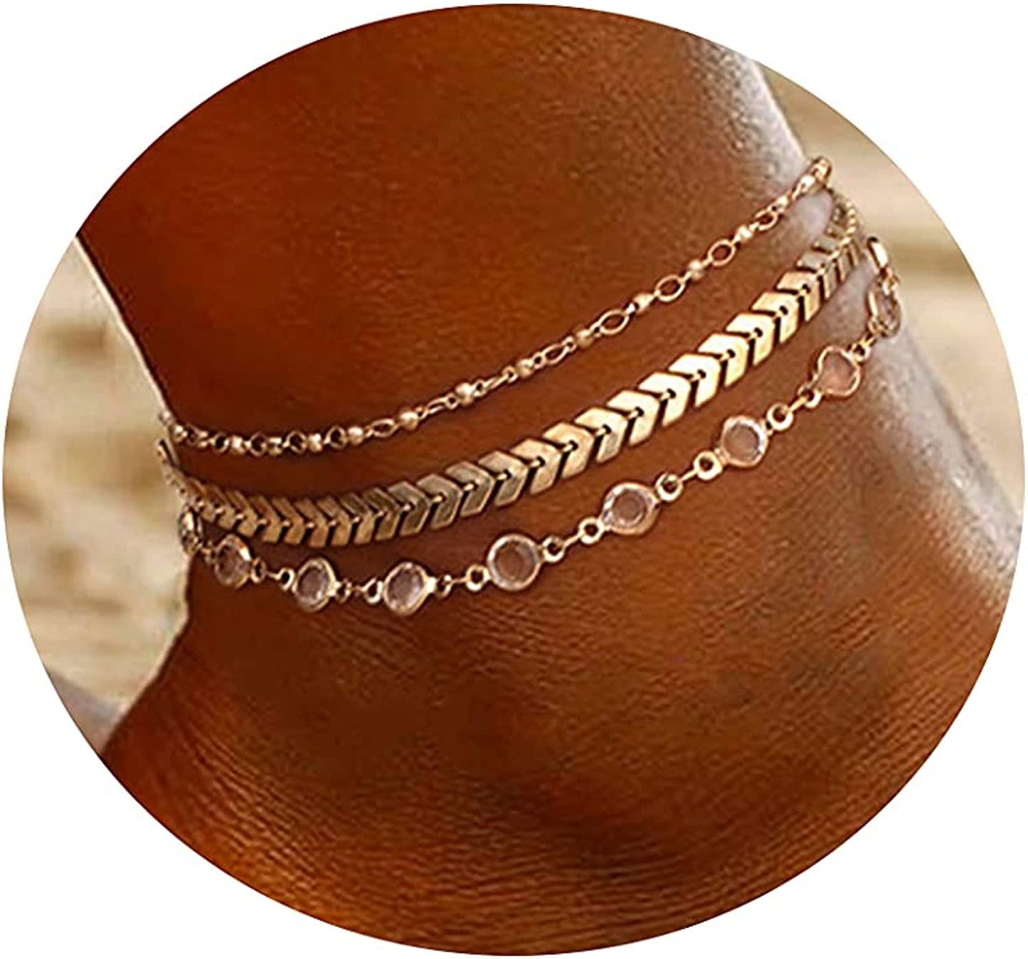 Tasiso 14K Gold Plated Layered Satellite Beads Heart Anklets Layering Rhinestone Cubic Zirconia Ankle Bracelets for Women Minimalist Summer Beach Foot Chain Ankle Jewelry Gifts Apparel & Accessories > Jewelry > Anklets Tasiso 3Layered Beaded Fishbone Anklet bracelet