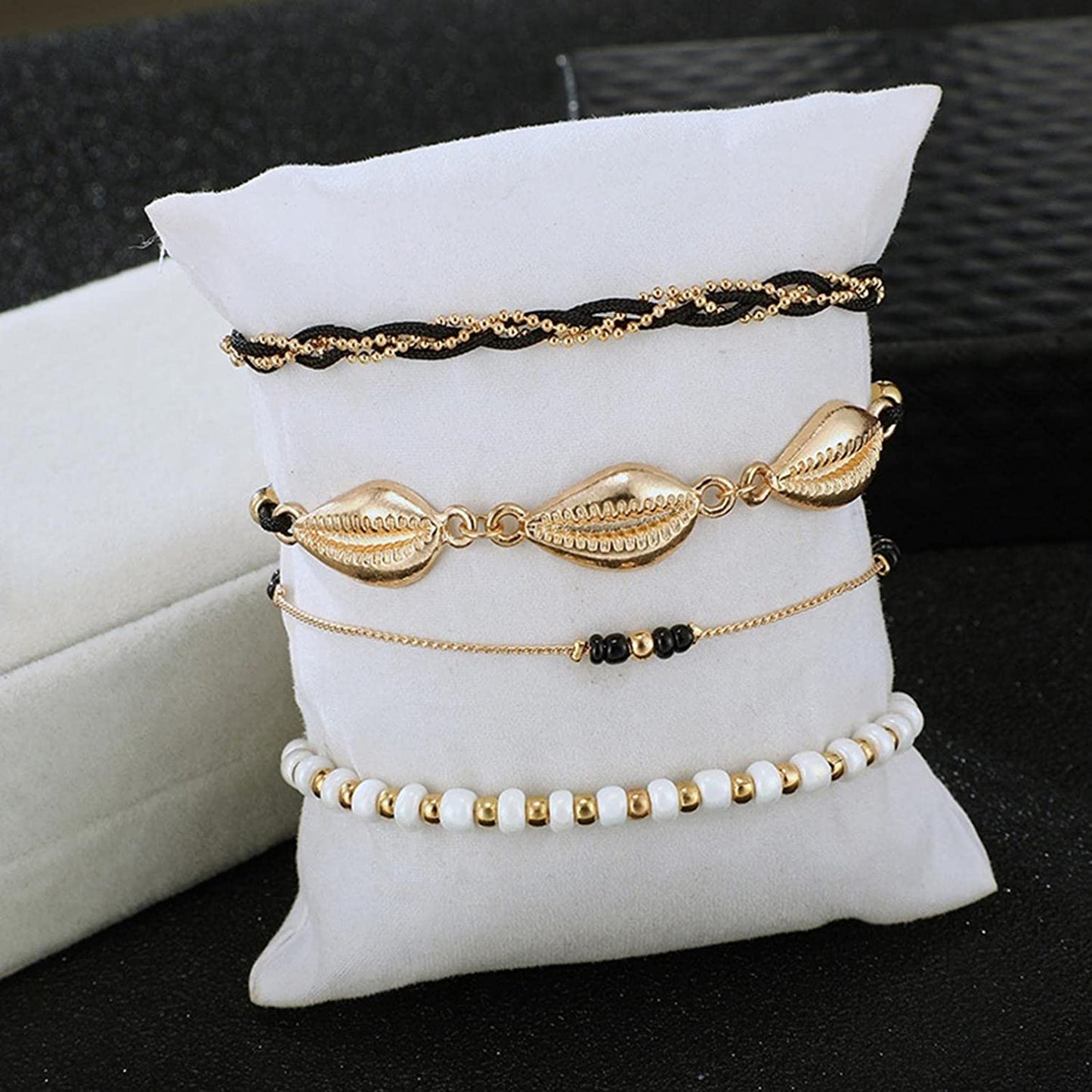 Bohemia Shell Charm Pendant Anklet Set, 4Pcs String Pearl Beaded Gold Ankle Bracelet, Beaded Foot Chain Beach Foot Jewelry Accessories for Women and Teen Girls Apparel & Accessories > Jewelry > Anklets Generic