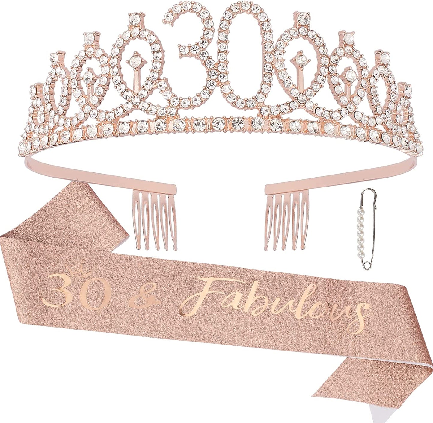 CAVETEE Rose Gold 30 & Fabulous Birthday Sash and Crown 30Th Birthday Tiaras and Sash Set for Women Birthday Decorations Birthday Queen Crowns Tiaras for Women Apparel & Accessories > Clothing Accessories > Sashes CAVETEE Rose Gold