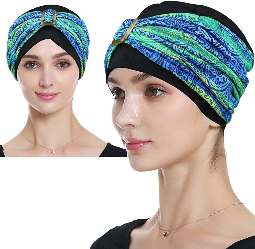 Chemo Turban Headwear Spring Summer Beanie Hats for Women – Soft, Stylish, Warm Apparel & Accessories > Clothing Accessories > Headwear KYLIE MAX Green Blue Pattern