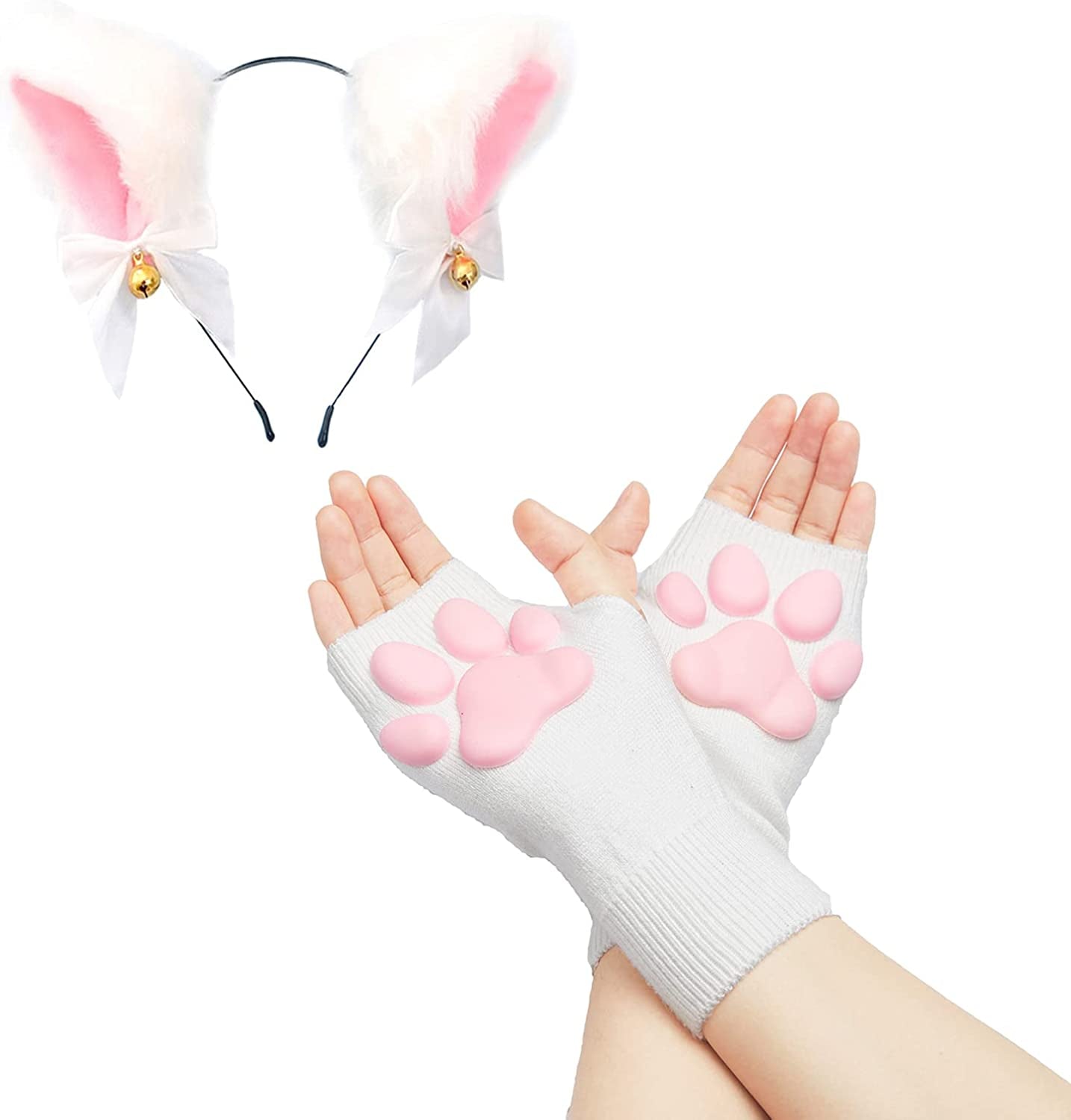 Cute Cat Paw Mittens Gloves, Kawaii Cat Cosplay Kawaii Soft 3D Toes Beans Fingerless Cat Claw Paws Pad Sleeve Apparel & Accessories > Clothing Accessories > Gloves & Mittens HOMEGYMFREE White Short+ears