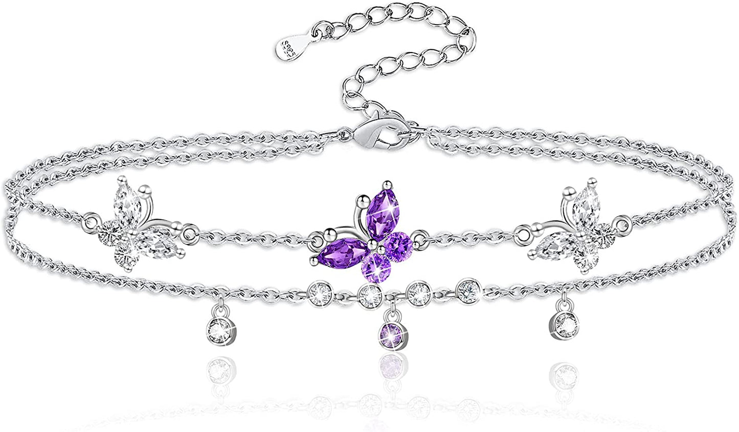 ATTRACTTO Butterfly Anklet Bracelets for Women 925 Sterling Silver Layered Anklets for Sea Beach Foot Ankle for Teen Girls Wife Girlfriend Mother Apparel & Accessories > Jewelry > Anklets ATTRACTTO A-Purple Butterfly Anklet