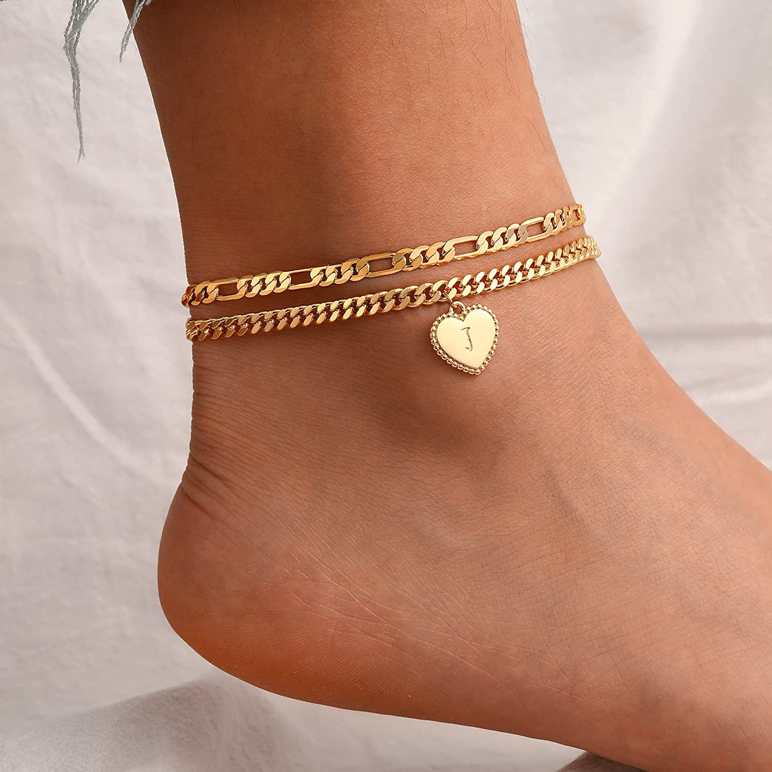Gold Initial Ankle Bracelets for Women 14K Gold Plated Heart Initial Charm Gold Anklets for Women Cuban Link Chain Initial Anklet Bracelets for Women Figaro Chain Anklet Apparel & Accessories > Jewelry > Anklets BRIJEWLIC