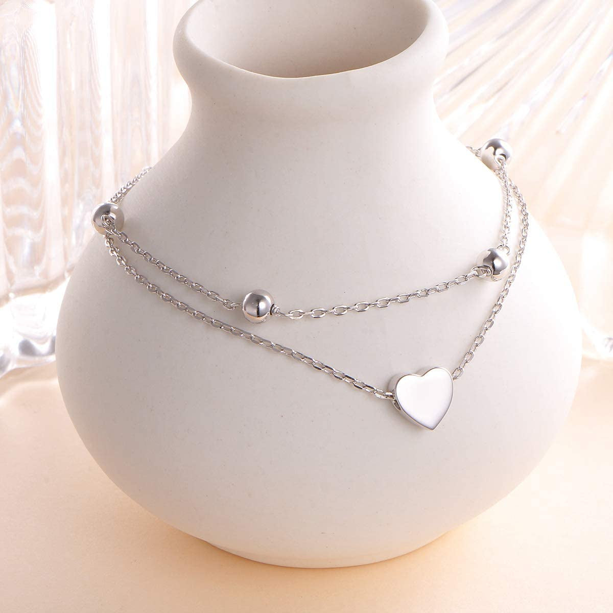 Flyow Anklet for Women S925 Sterling Silver Adjustable Foot Beaded Heart Charm Ankle Bracelet Anklets Jewelry Apparel & Accessories > Jewelry > Anklets FLYOW