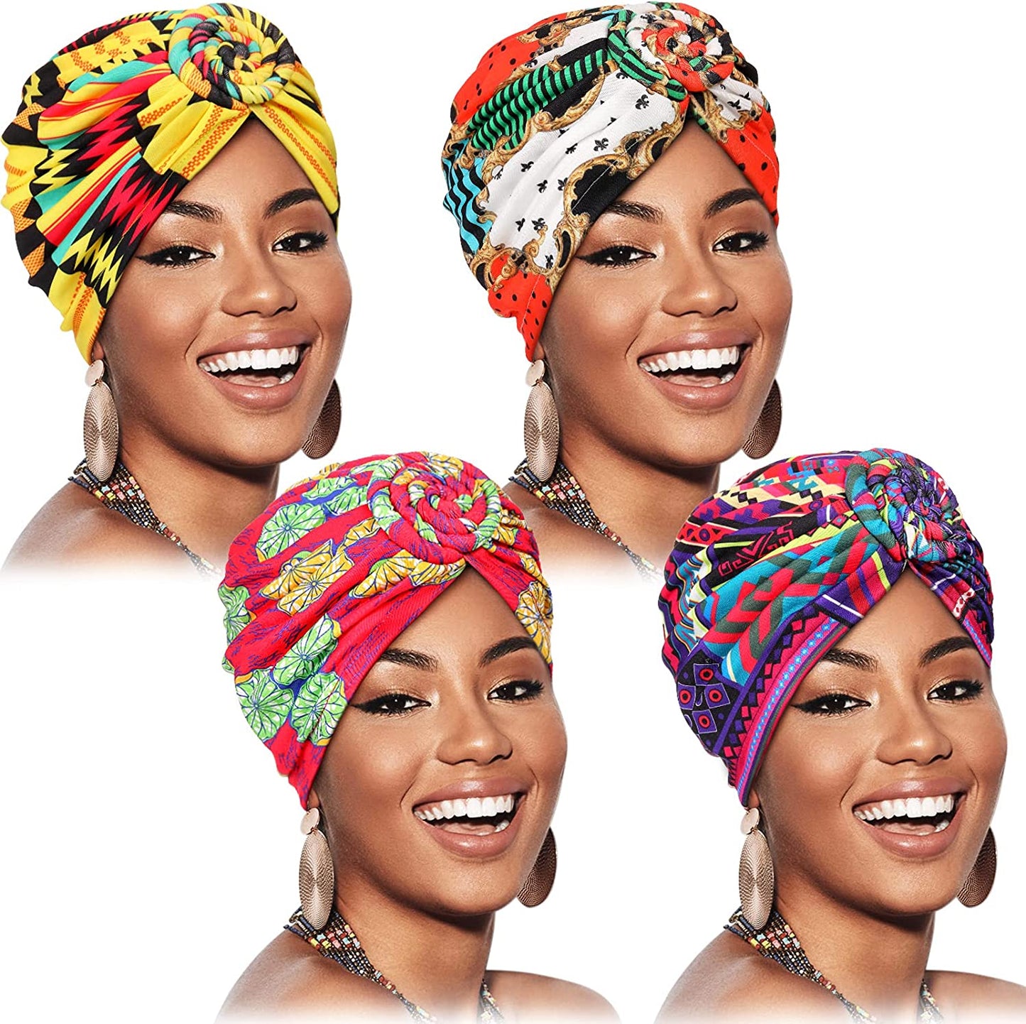 SATINIOR 4 Pieces African Pattern Headwrap Pre-Tied Bonnet Turban Knot Beanie Cap Headwrap Hat Apparel & Accessories > Clothing Accessories > Headwear SATINIOR Flower Bird Style