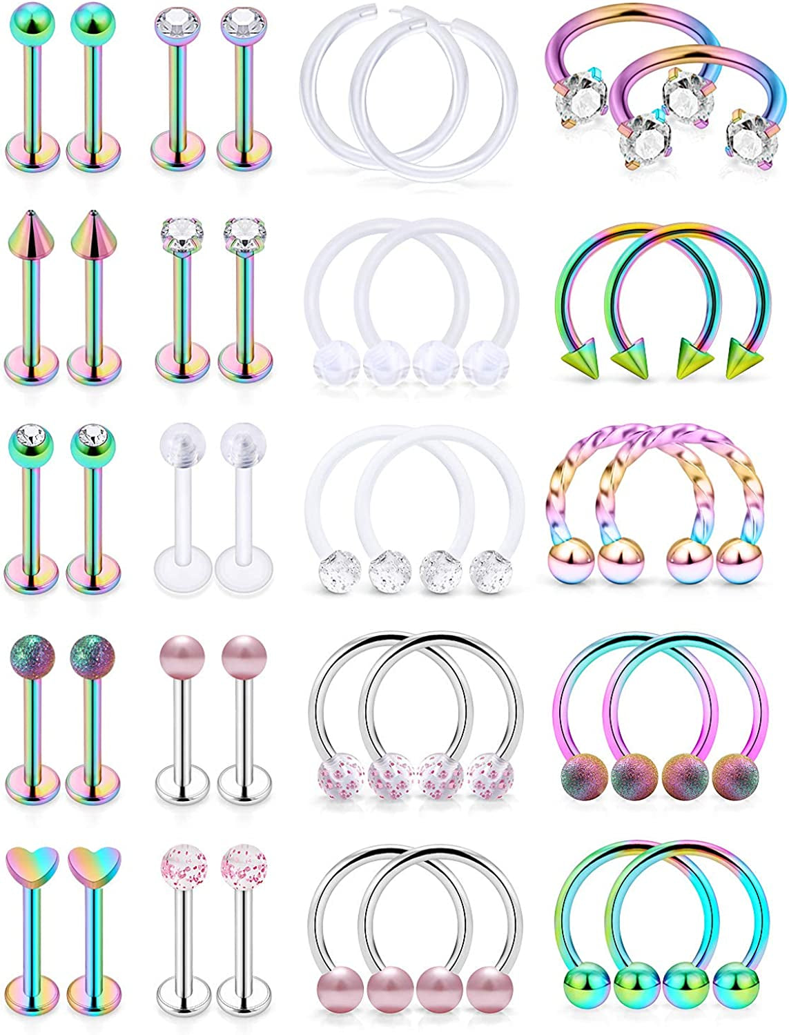 Hoeudjo 16G Surgical Steel Lip Rings Clear Diamond CZ Labret Studs Tragus Horseshoe Ring Helix Hoop Earring Body Jewelry Piercing Retainer for Women Men 8Mm Apparel & Accessories > Jewelry > Rings Hoeudjo 1--40pcs 16g rainbow 8.0 Millimeters