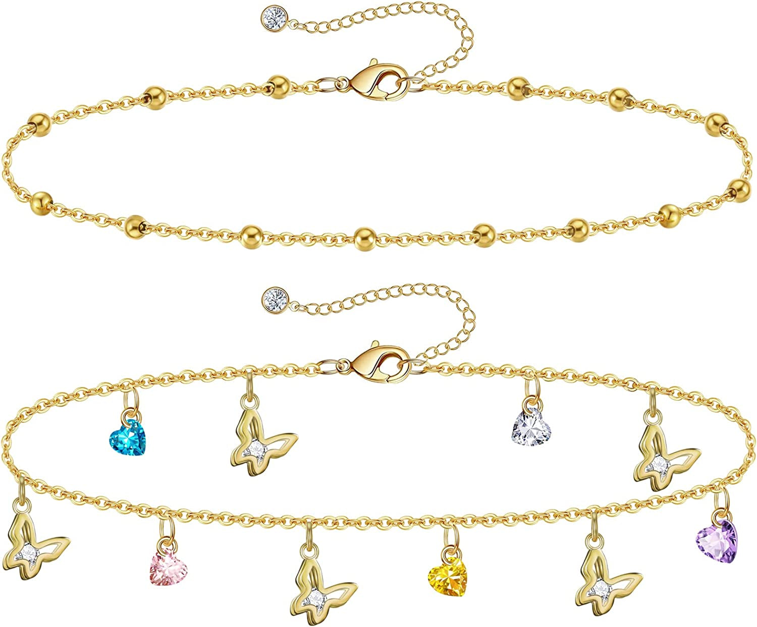 Gold Ankle Bracelets for Women 14K Gold Plated Anklet Silver Tennis Rose Quartz Cross Bead Herringbone Snake Paperclip Chain Cubic Zirconia Dainty Layered Anklet Set 3Pcs Apparel & Accessories > Jewelry > Anklets WeSparking ZE-Yellow Gold-Butterfly