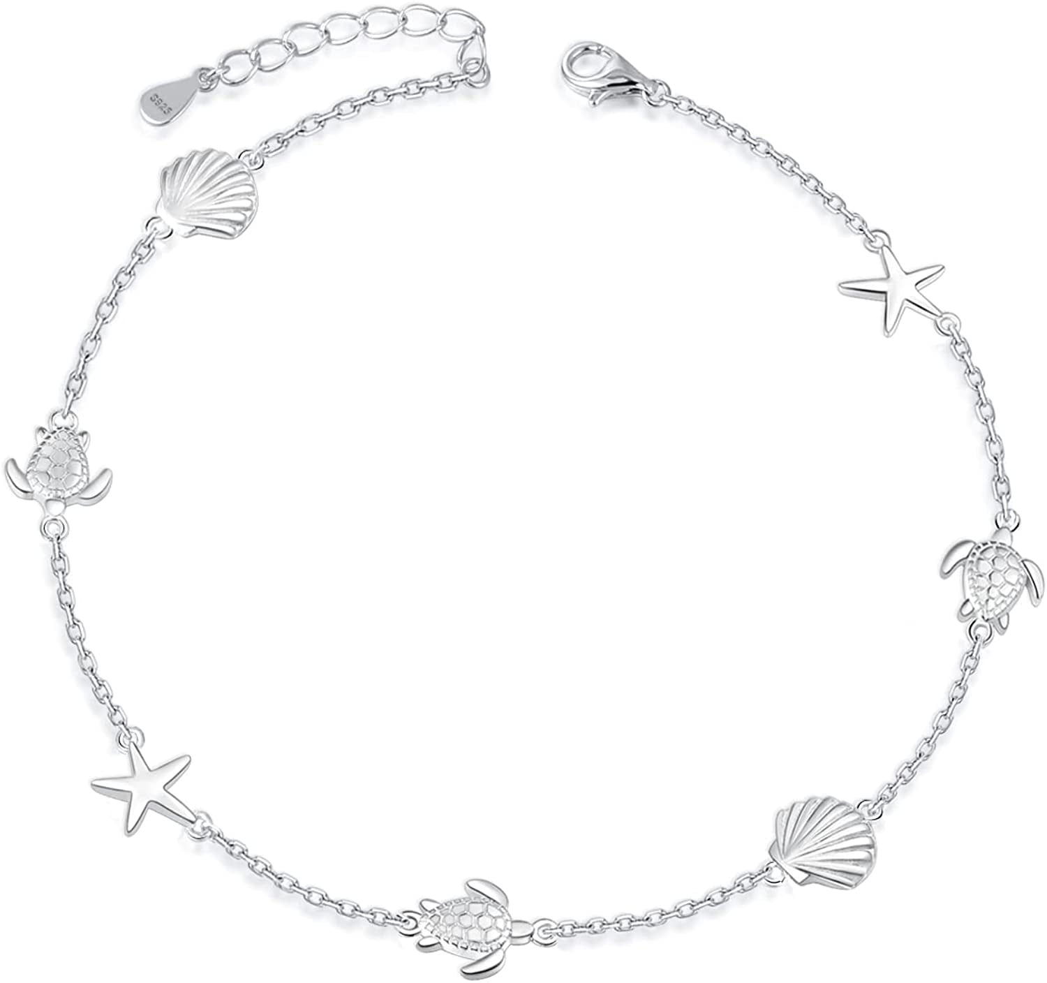 BEILIN 925 Sterling Silver Seabeach Anklets for Women Teen Girls Ocean Ankle Bracelets for Women Apparel & Accessories > Jewelry > Anklets BEILIN Starfish conch turtle 8.6+2