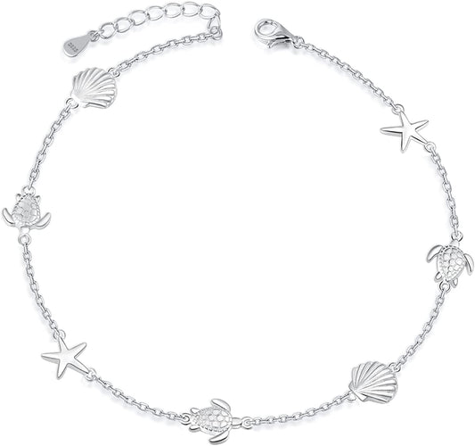 BEILIN 925 Sterling Silver Seabeach Anklets for Women Teen Girls Ocean Ankle Bracelets for Women Apparel & Accessories > Jewelry > Anklets BEILIN Starfish conch turtle 8.6+2