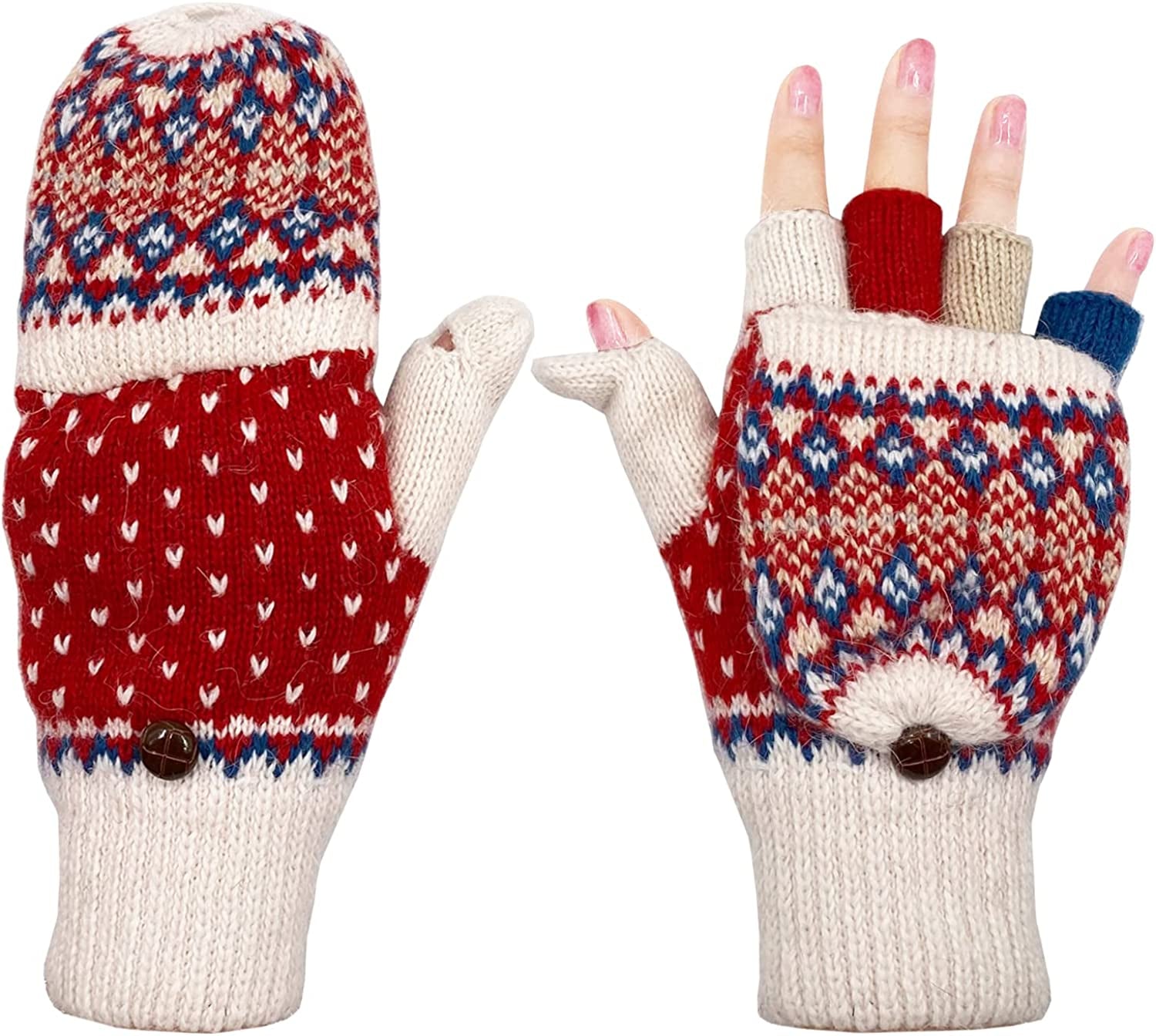 Beurlike Women'S Winter Gloves Warm Wool Knitted Convertible Fingerless Mittens Apparel & Accessories > Clothing Accessories > Gloves & Mittens Beurlike Zfleece Whitered