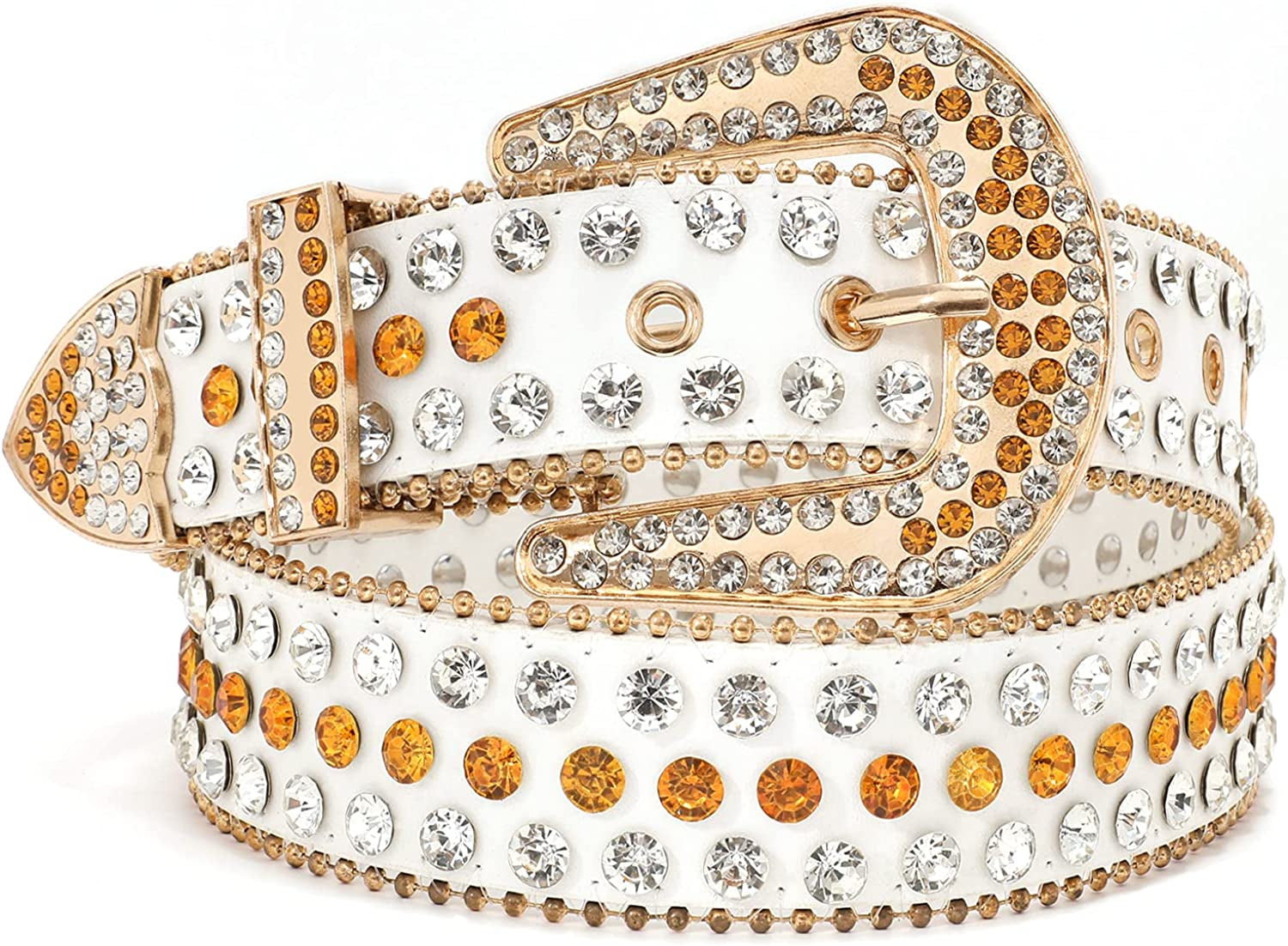 Rhinestone Belt for Men Women SUOSDEY Western Cowboy Cowgirl Bling Studded Leather Belt for Jeans Pants Apparel & Accessories > Clothing Accessories > Belts SUOSDEY 11-white (Golden Buckle) XL: fits pants size 43”-46”
