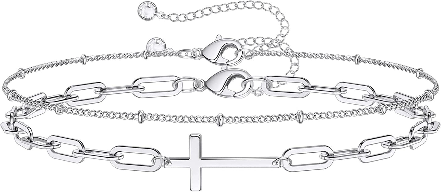 Dainty Gold Bracelets for Women, 14K Gold Filled Adjustable Layered Bracelet Cute Evil Eye Oval Chain Pearl Bar Turtle Gold Bracelets for Women Jewelry Apparel & Accessories > Jewelry > Bracelets Turandoss Beads Chain&Cross-Silver