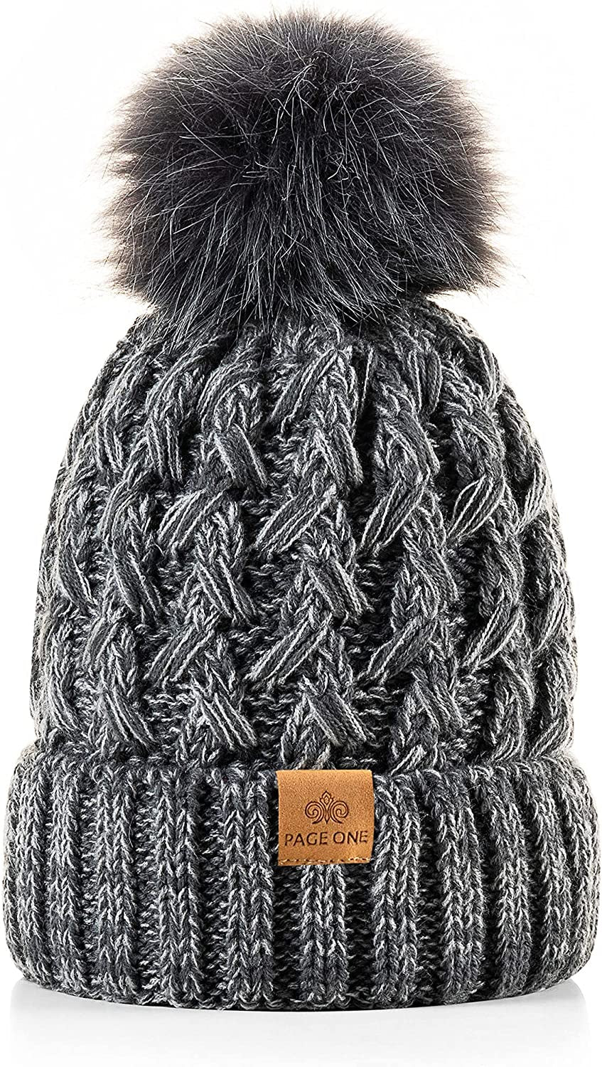 PAGE ONE Womens Winter Ribbed Beanie Crossed Cap Chunky Cable Knit Pompom Soft Warm Hat Apparel & Accessories > Clothing Accessories > Hats PAGE ONE Mixed Dark Grey