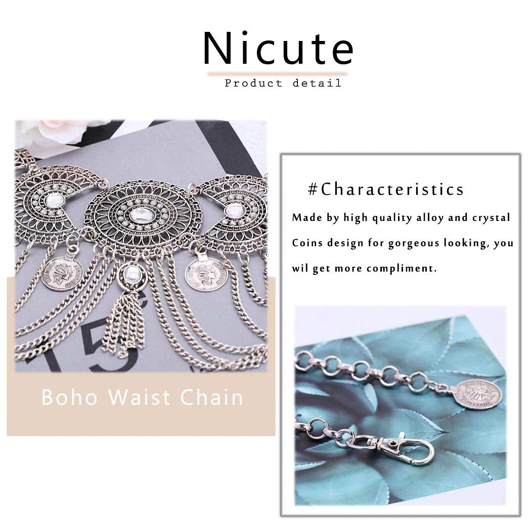 Nicute Boho Coin Belly Chain Rhinestone Waist Chains Dance Summer Body Jewelry for Women and Girls(Silver) Apparel & Accessories > Jewelry > Body Jewelry Nicute