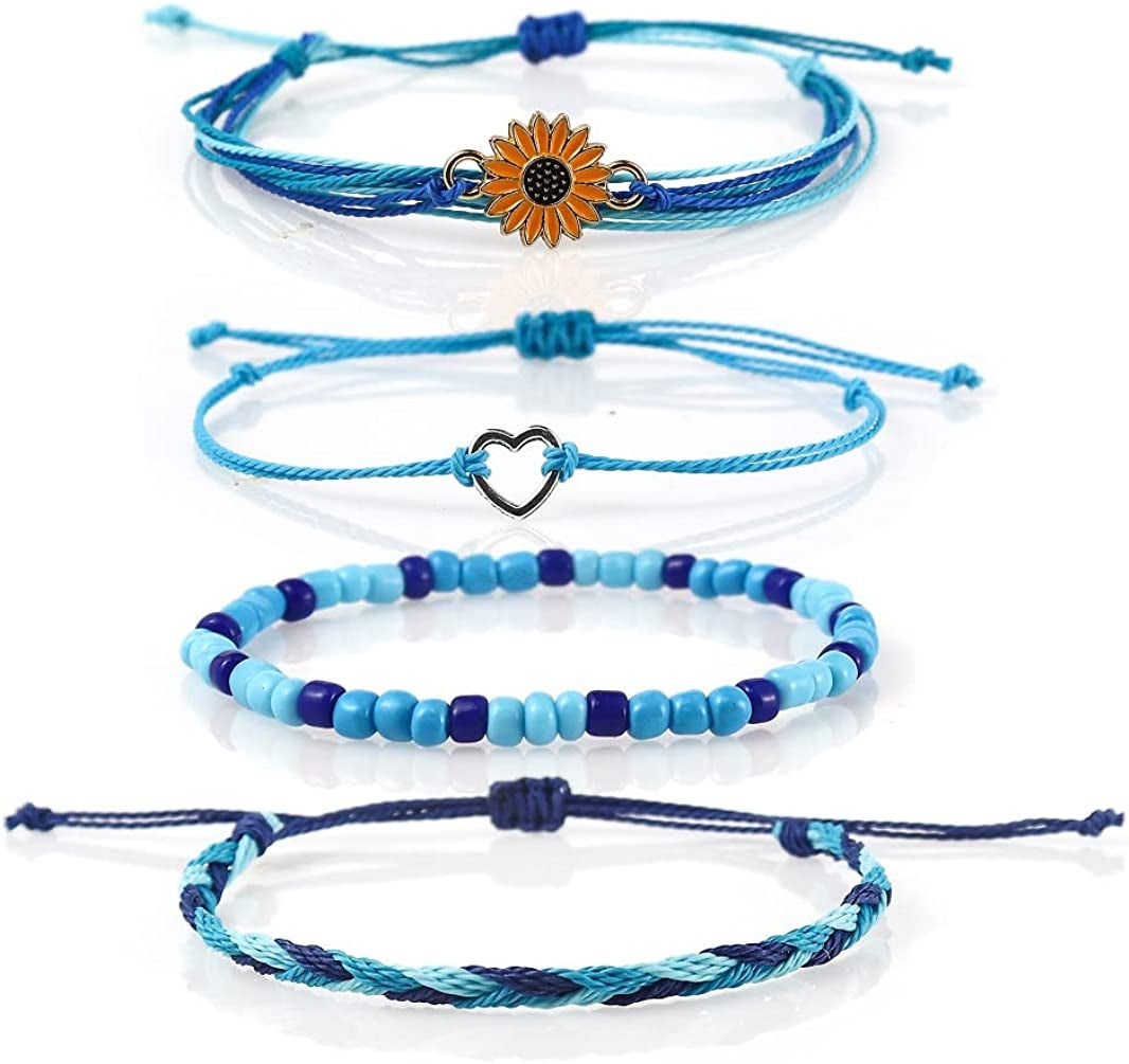 Caiyao 4 Pcs Summer Surfer Wave Anklet Bracelets Adjustable Strand Braided String Rope Bracelets Waterproof Handmade Sunflower Bracelets Anklets Jewelry for Women Teen Girls Apparel & Accessories > Jewelry > Anklets InShine heart blue