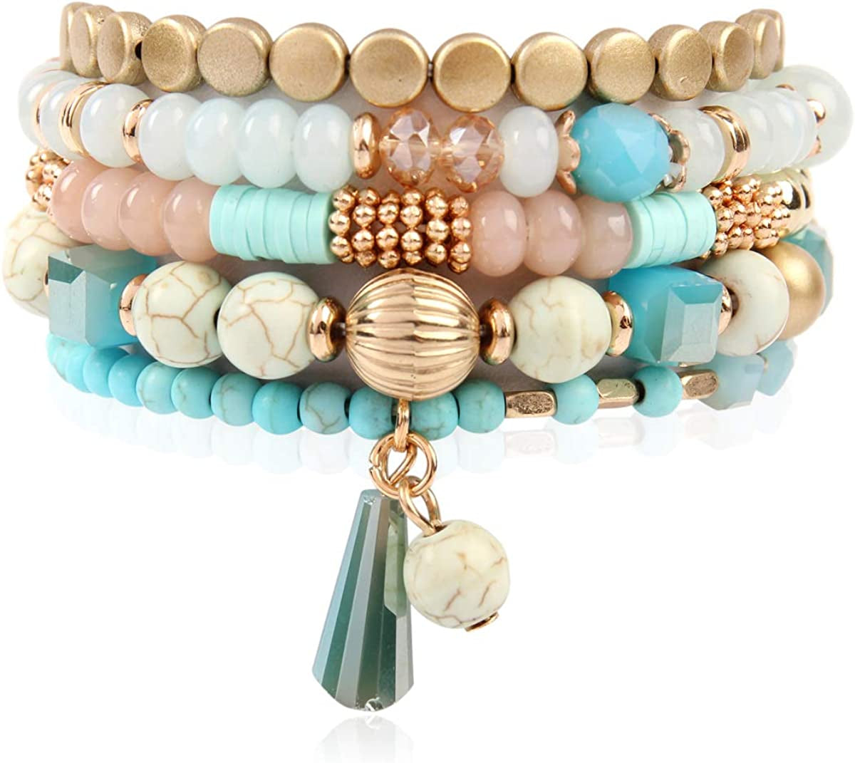 Bohemian Mix Bead Multi Layer Versatile Statement Bracelets - Stackable Beaded Strand Stretch Bangles Sparkly Crystal, Tassel Charm Apparel & Accessories > Jewelry > Bracelets RIAH FASHION Turquoise