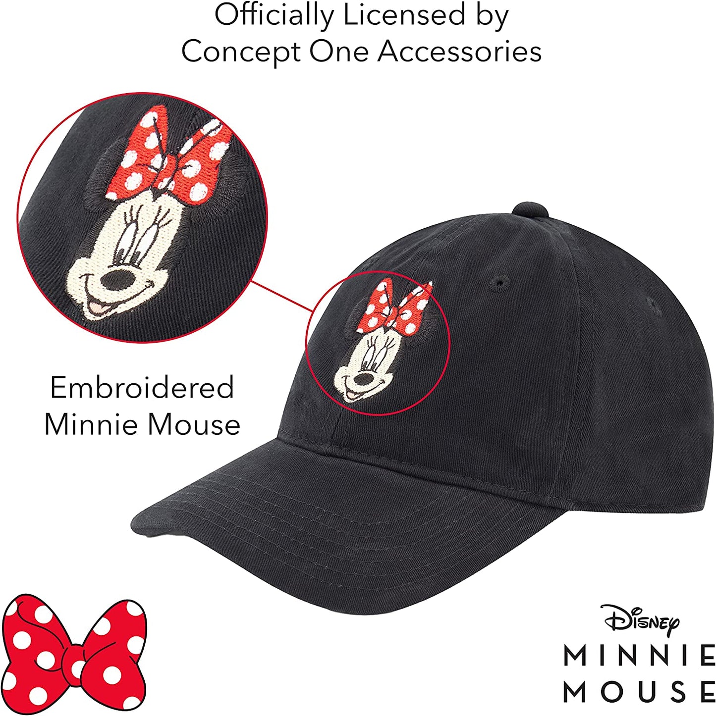Concept One Women'S Disney'S Minnie Mouse Bows Embroidered Cotton Adjustable Dad Hat with Curved Brim Apparel & Accessories > Clothing Accessories > Hats Concept One