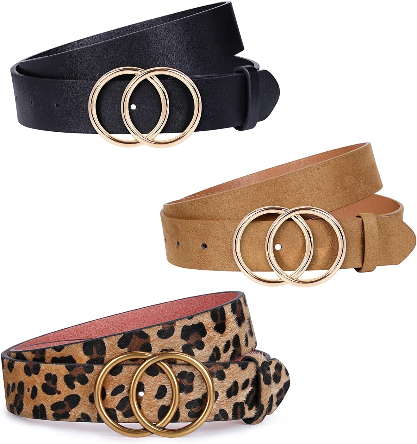 JASGOOD 3 Pack Women Leather Belt for Jeans Pants, Ladies Waist Belts with Double O-Ring Buckle Apparel & Accessories > Clothing Accessories > Belts KYLIE MAX B-black+leopard+khaki Fit Pants Size 28"-33"