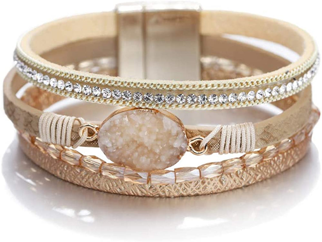 Fesciory Leopard Bracelet for Women Wrap Multi-Layer Leather Bracelet Magnetic Clasp Cuff Bangle Jewelry Apparel & Accessories > Jewelry > Bracelets Fesciory B17-Gold Stone(Short)