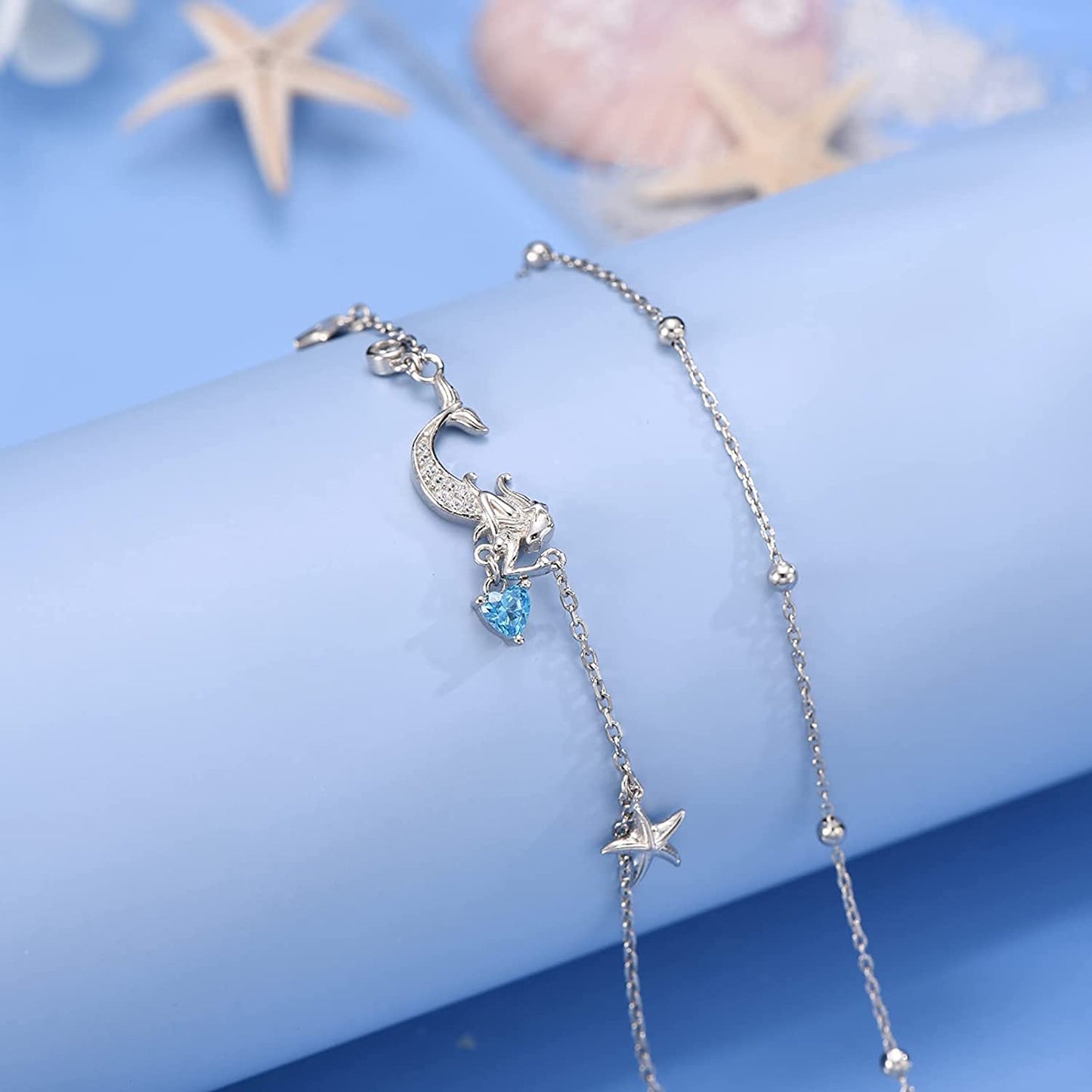 Sianilvera S925 Sterling Silver Foot Charm Jewelry Adjustable Anklet Link Bracelet Gift Double Layered Ocean Animal Anklets for Women Girls Apparel & Accessories > Jewelry > Anklets Sianilvera