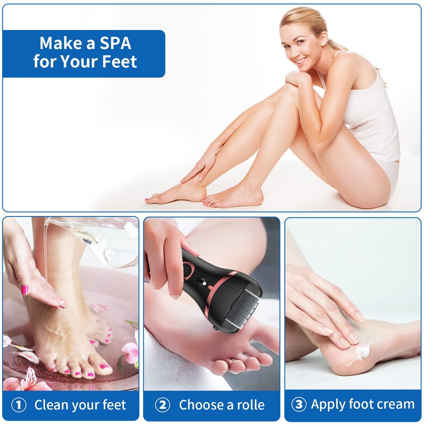 Electric Foot Callus Remover, Rechargeable Portable Electronic Foot File Pedicure Kits, Waterproof Foot Scrubber File, Professional Pedicure Tools, Foot Care for Dead Skin Ideal Gift, 3 Rollers Health & Beauty > Personal Care > Foot Care Geopu