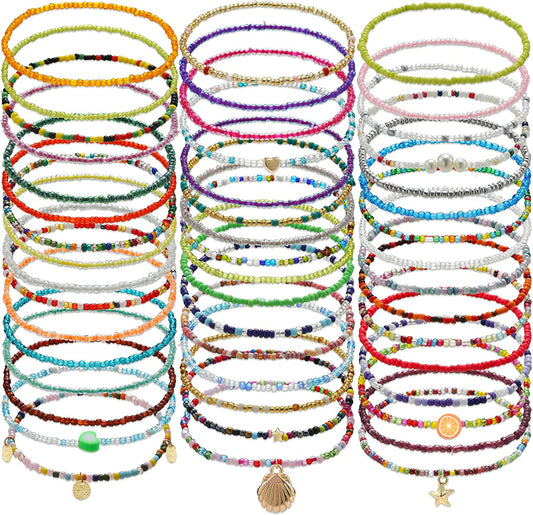 Beaded Anklet for Women Handmade Boho Beaded Ankle Bracelets Colorful Beads Foot Anklets for Teen Girls Apparel & Accessories > Jewelry > Anklets Taouzi Style:48Set