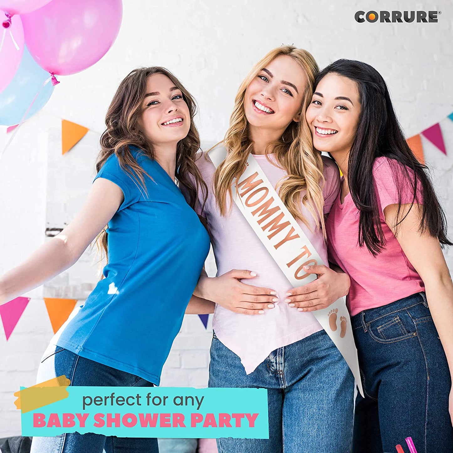 CORRURE Baby Shower Sash for Boy or Girl - 'Mommy to Be' Sash with Beautiful White Glitter Ribbon and Rose Gold Foil - Ideal Gender Reveal, Baby Shower, Welcome Baby, Mom to Be or Baby Sprinkle Gift Apparel & Accessories > Clothing Accessories > Sashes CORRURE