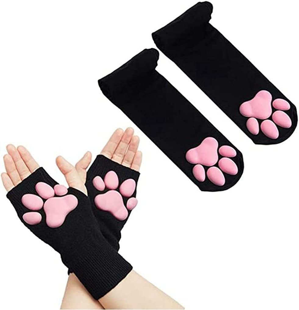 Cute Cat Paw Mittens Gloves, Kawaii Cat Cosplay Kawaii Soft 3D Toes Beans Fingerless Cat Claw Paws Pad Sleeve Apparel & Accessories > Clothing Accessories > Gloves & Mittens HOMEGYMFREE Black Socks+short Gloves