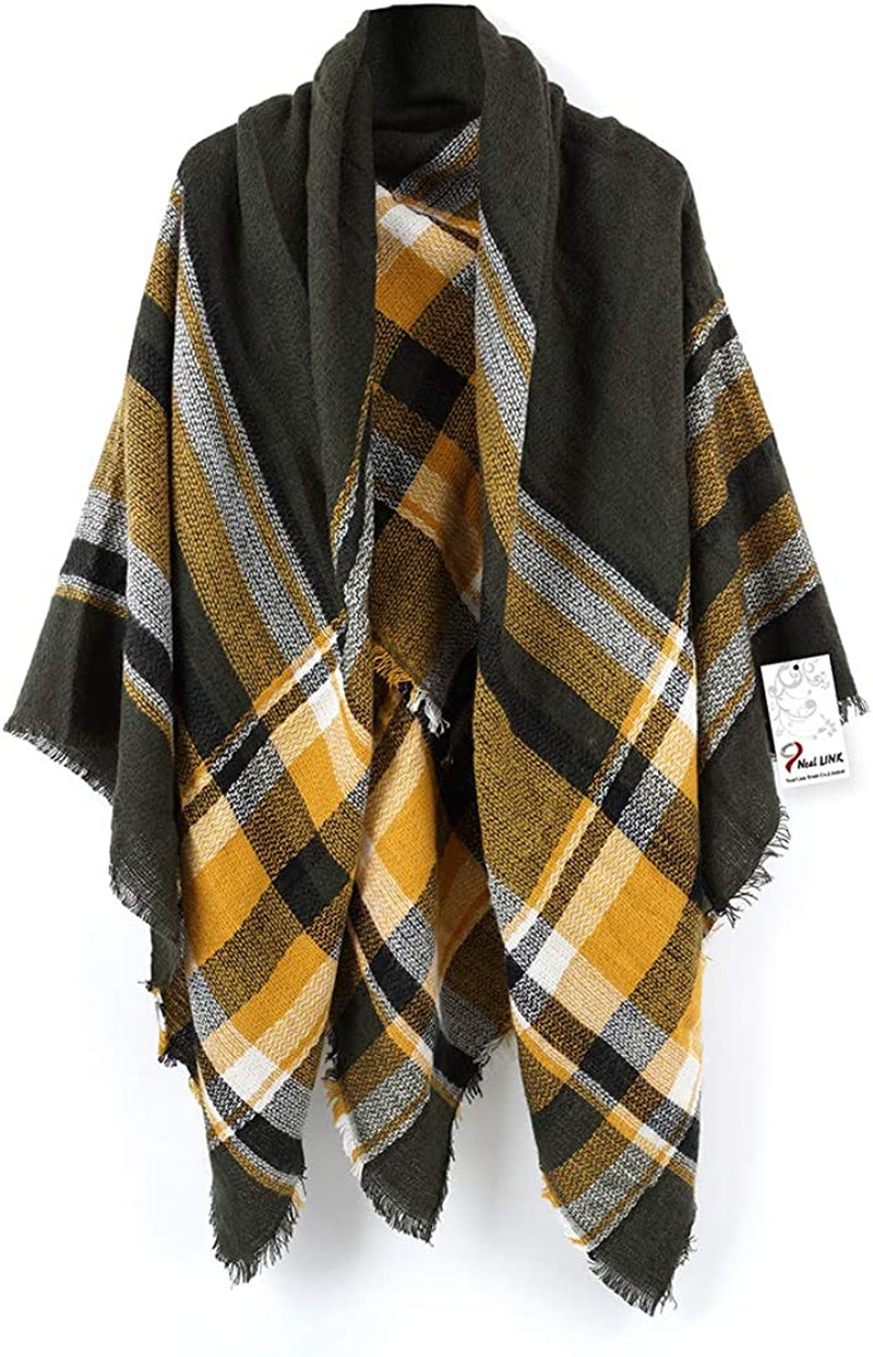 Neal LINK Women'S Plaid Scarf Blanket Wrap Warm Tartan Checked Shawl Tartan Scarves Pashmina Cape Apparel & Accessories > Clothing Accessories > Scarves & Shawls Neal LINK Dark Green Yellow