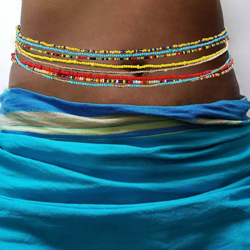 Cosydays African Waist Bead Chain Elastic Body Chains Colorful Belly Beads Beach Beaded Chain Summer Bikini Jewelry for Women(Pack of 8) Apparel & Accessories > Jewelry > Body Jewelry COSYDAYS