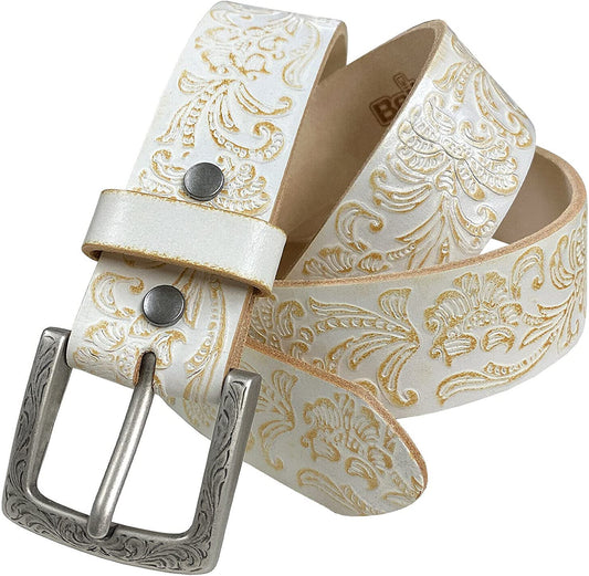 Cowboy Cowgirl Western Tooled Floral Embossed Full Grain Genuine Leather Belt Strap 1-1/2"(38Mm) Wide Apparel & Accessories > Clothing Accessories > Belts Belts.com Type C - White 28