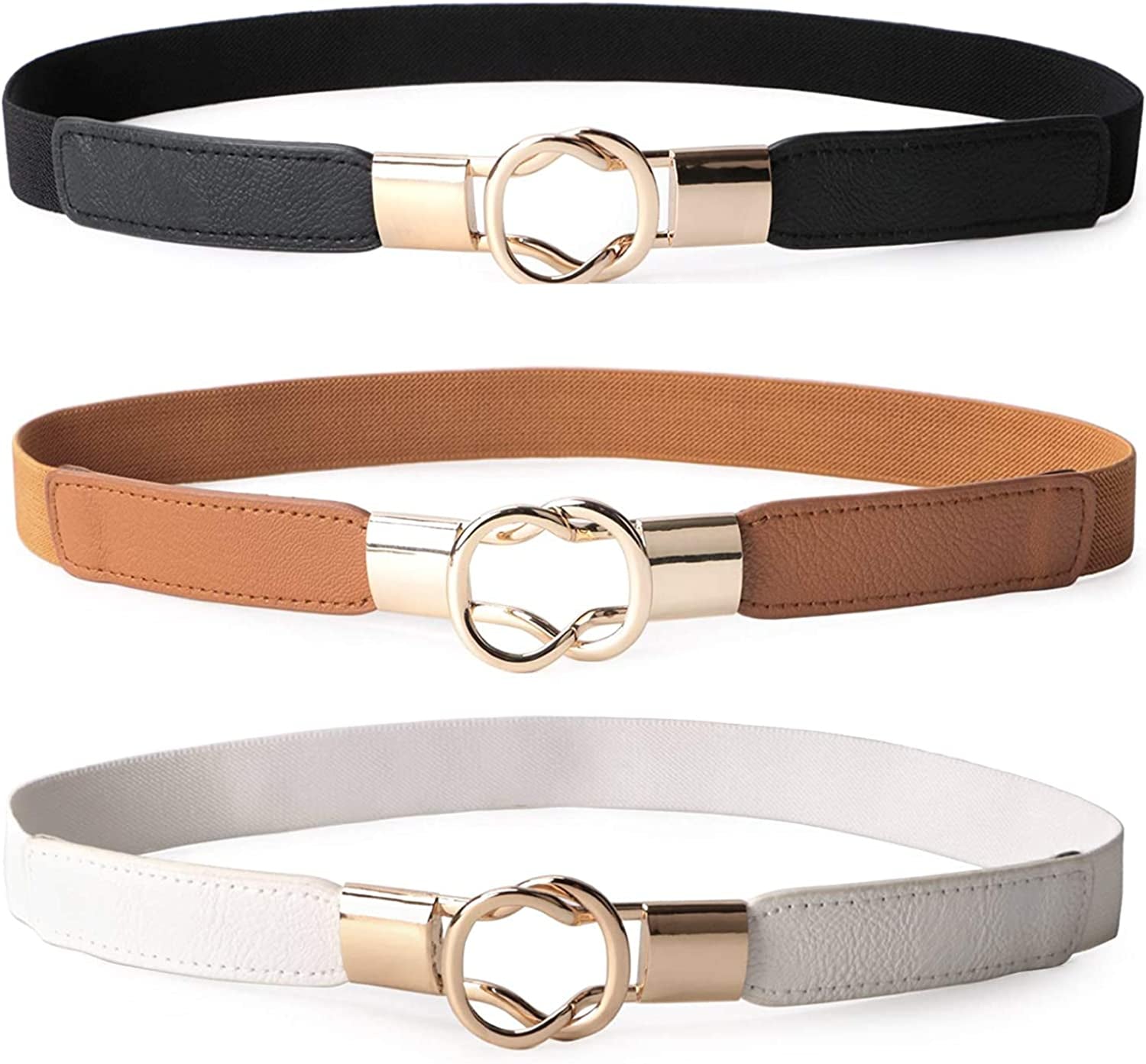 JASGOOD 2 Pack 3 Pack Women Retro Elastic Stretchy Metal Buckle Skinny Waist Belt 1 Inch Wide Apparel & Accessories > Clothing Accessories > Belts KYLIE MAX B-black+white+brown FIts Waist 27"-31"
